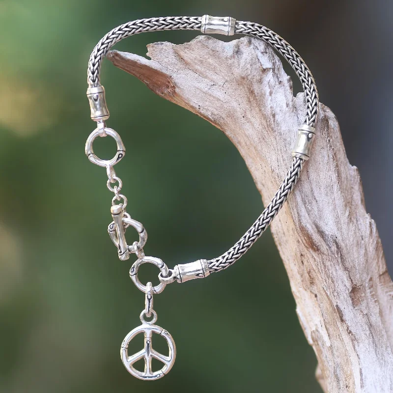 Friendship bracelets for women -Peaceful Bamboo Artisan Crafted Sterling Silver Bracelet with Peace Charm