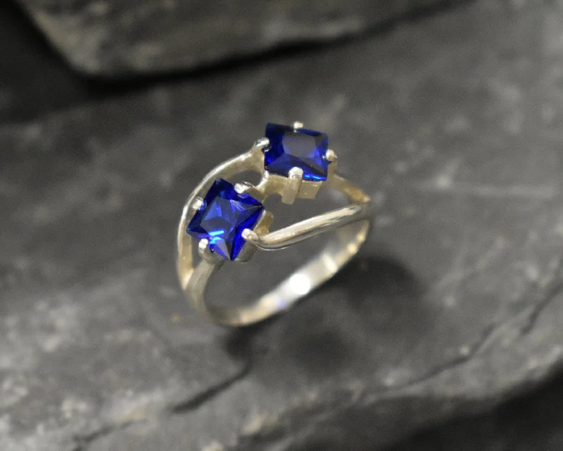 Large rings for women -Twin Sapphire Ring -  Blue Asymmetric Ring, Two Stone Ring