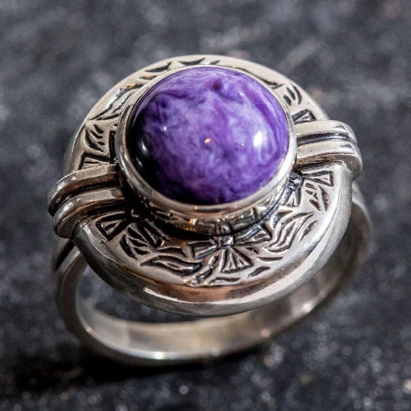 Trendy rings with gemstones for women -Charoite Ring - Egyptian Ring - Purple Statement Ring