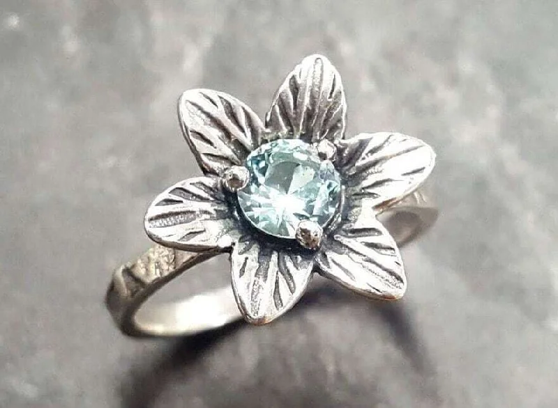 Luxury rings with sapphires for women -Aquamarine Flower Ring - Vintage Aquamarine Ring - Blue Flower Ring