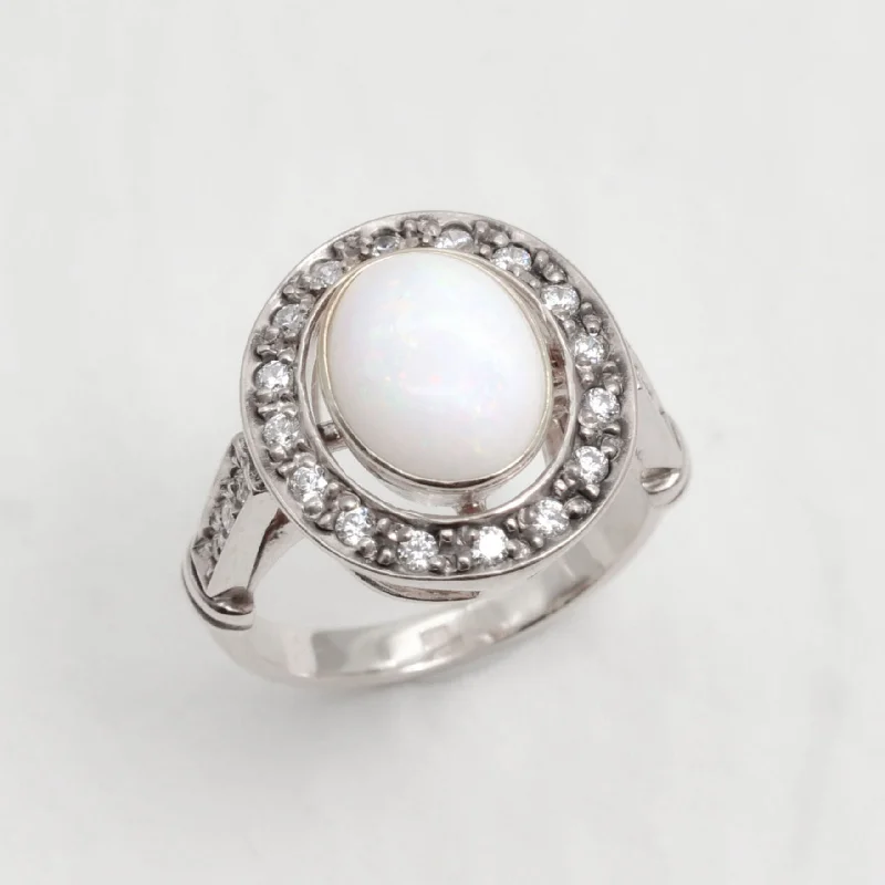 Wedding rings for women -Opal Vintage Ring - Statement Halo Ring - Silver Opal Ring