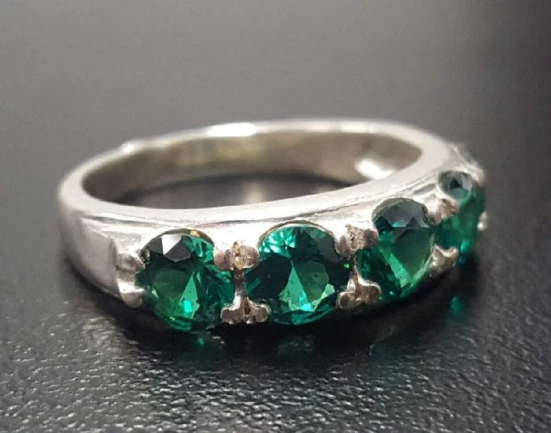 Designer wedding rings for women -Wide Emerald Ring - Half Eternity Band - Green Vintage Ring