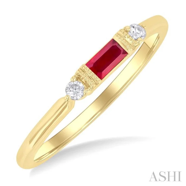 Rose gold engagement rings for women -4X2 MM Baguette Cut Ruby and 1/20 ctw Round Cut Diamond Precious Fashion Ring in 10K Yellow Gold