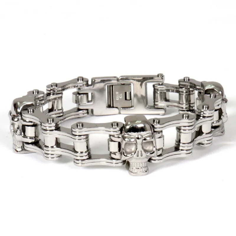 Birthstone bracelets for women -Hot Leathers JWB4109 Double Wide Silver Motorcycle Chain Skull Bracelet