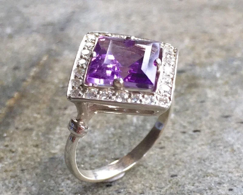 Antique rings for women -Square Amethyst Ring - Genuine Amethyst Ring - Amethyst Vintage Ring