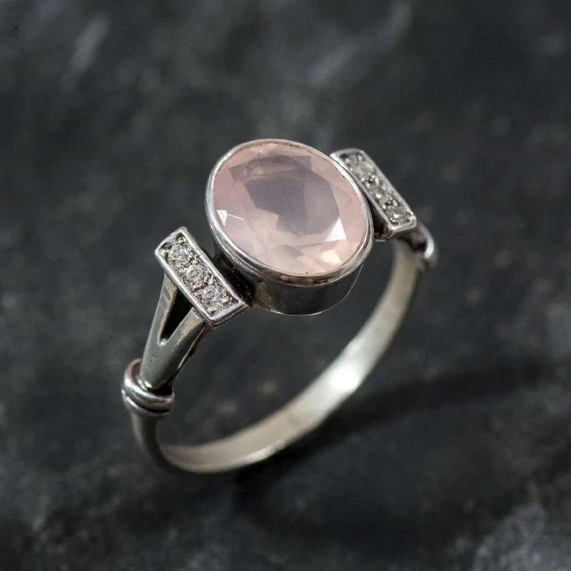 Platinum rings for women -Rose Quartz Ring - Pink Oval Ring - Classy Bezel Ring