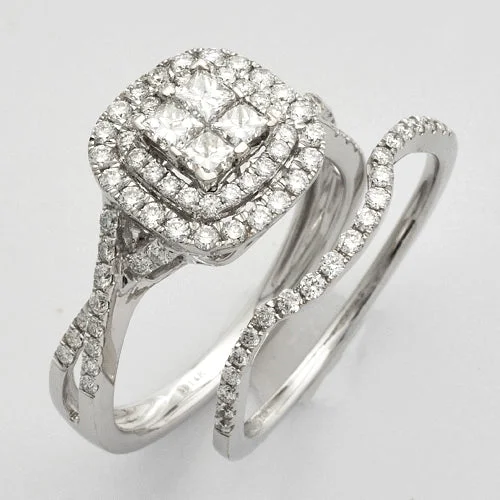 Radiant-cut engagement rings for women -14KW 1.10CTW PRINCESS DIAMOND QUAD HEAD BRIDAL SET