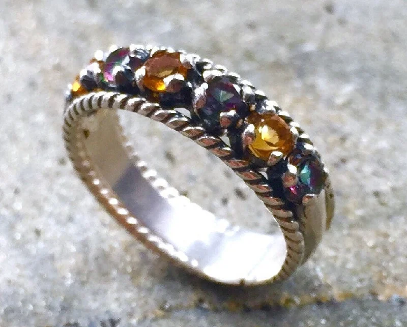 Gemstone rings for women -Half Eternity Ring - Citrine and Mystic Topaz Band - Vintage Colorful Ring