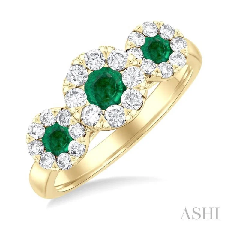 Engagement rings with cathedral settings for women -3.8 MM & 3 MM Emerald and 5/8 ctw Round Cut Diamond Precious Lovebright Past, Present and Future Ring in 14K Yellow Gold