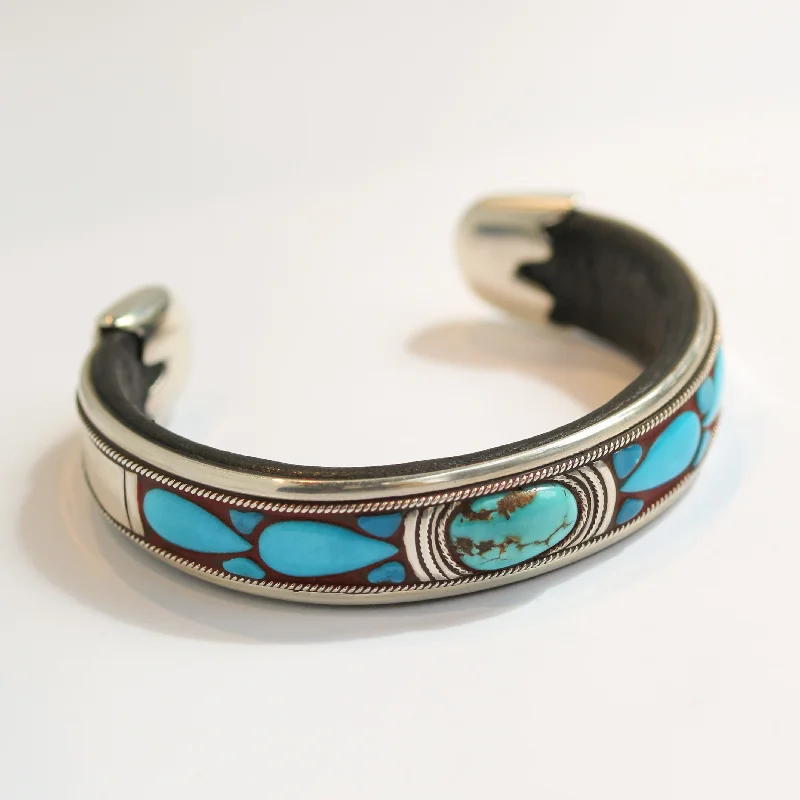 Sterling silver bangles for women -Charlie Favour Turquoise Mosaic on Leather Bracelet No. 2