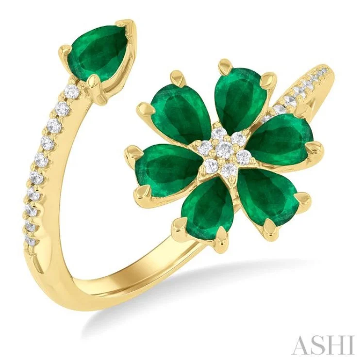 Engagement rings with emeralds for women -4X3 MM Pear Cut Floral Blossom Emerald and 1/10 ctw Round Cut Diamond Open Precious Ring in 14K Yellow Gold