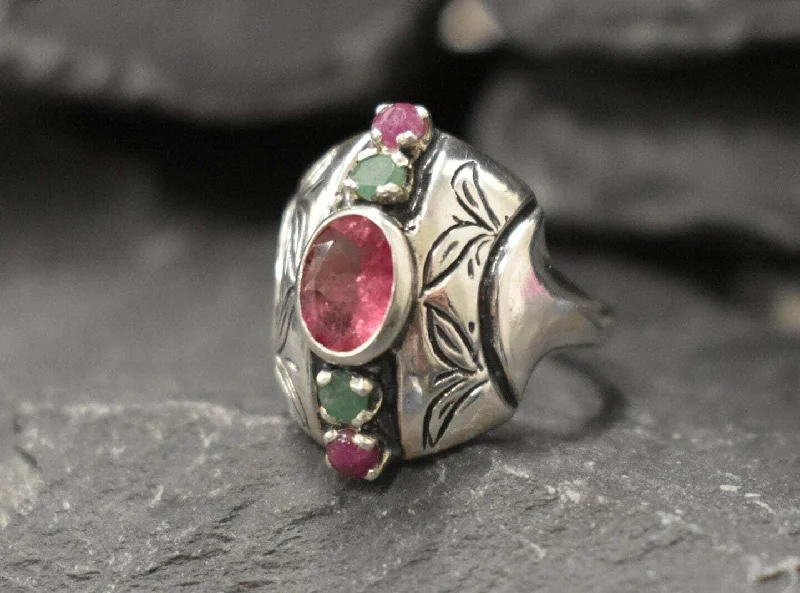 Personalized silver rings for women -Pink Tourmaline Ring - Multistone Boho Ring - Chunky Vintage Ring