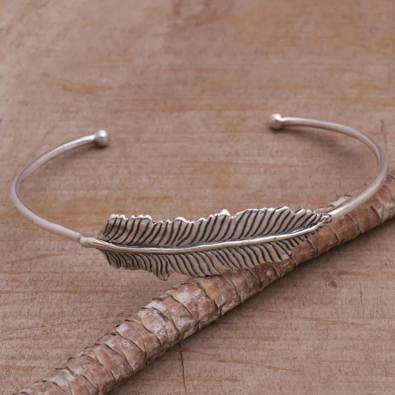 Fashion bracelets for women -Alluring Feather 925 Sterling Silver Feather Cuff Bracelet from Bali