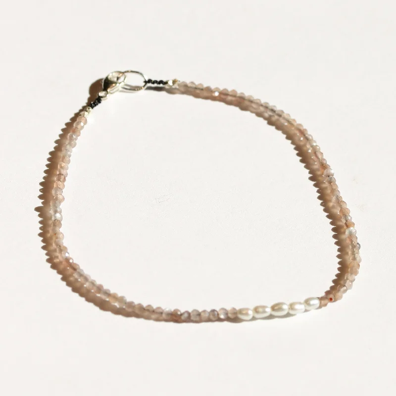 Birthstone bangles for women -Chocolate Moonstone + Pearls Bracelet