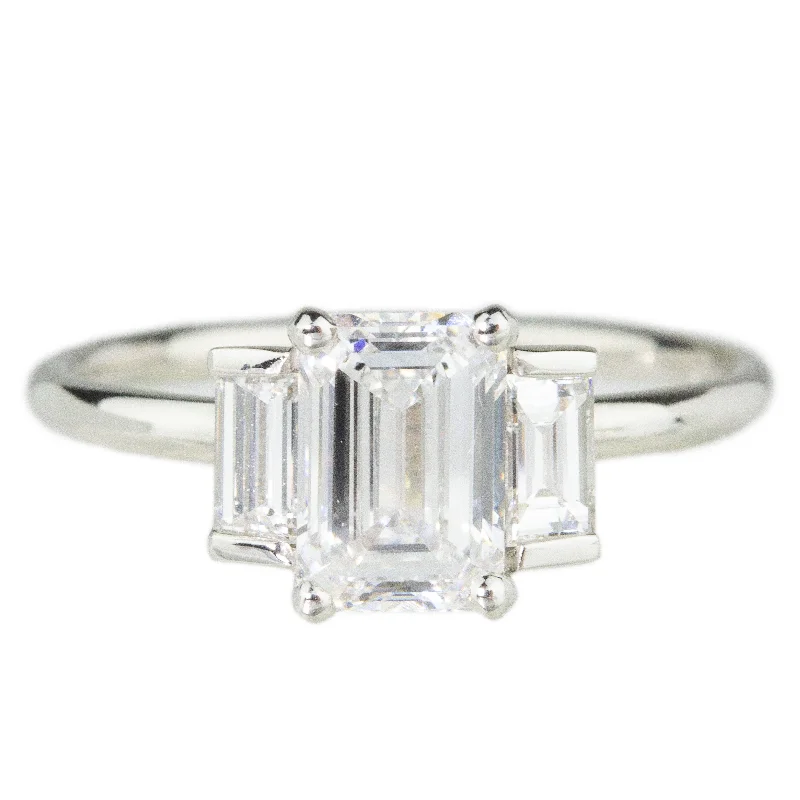 Engagement rings with cathedral settings for women -Trinity Emerald + Baguette Diamond Ring