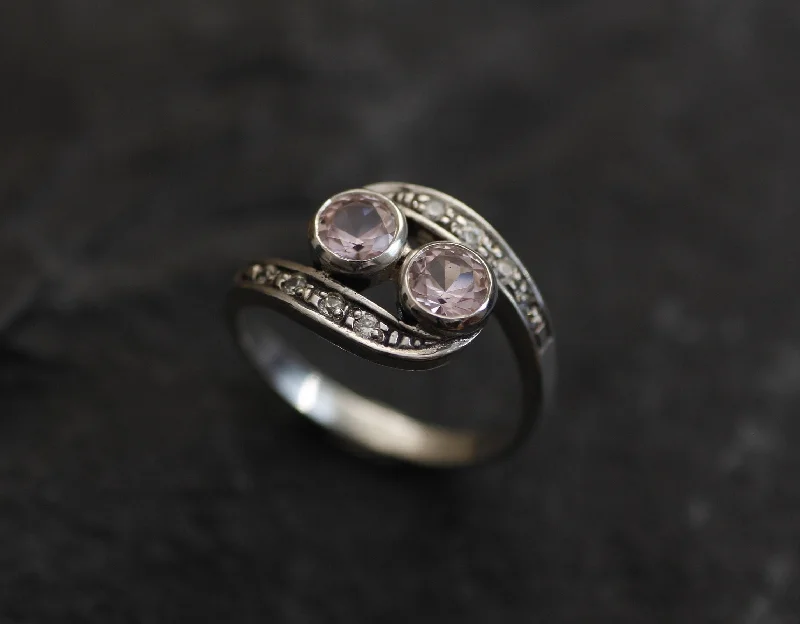 Wedding rings for women -Bypass Morganite Ring - Pink Vintage Ring - Two Stone Ring