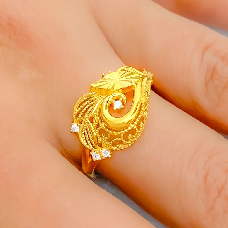 Designer rings for women -Charming Leaf Accented 22K Gold CZ Ring