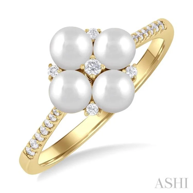 Unique halo engagement rings for women -1/8 Ctw Floral Center 4 MM Cultured Pearl and Round Cut Diamond Fashion Ring in 10K Yellow Gold