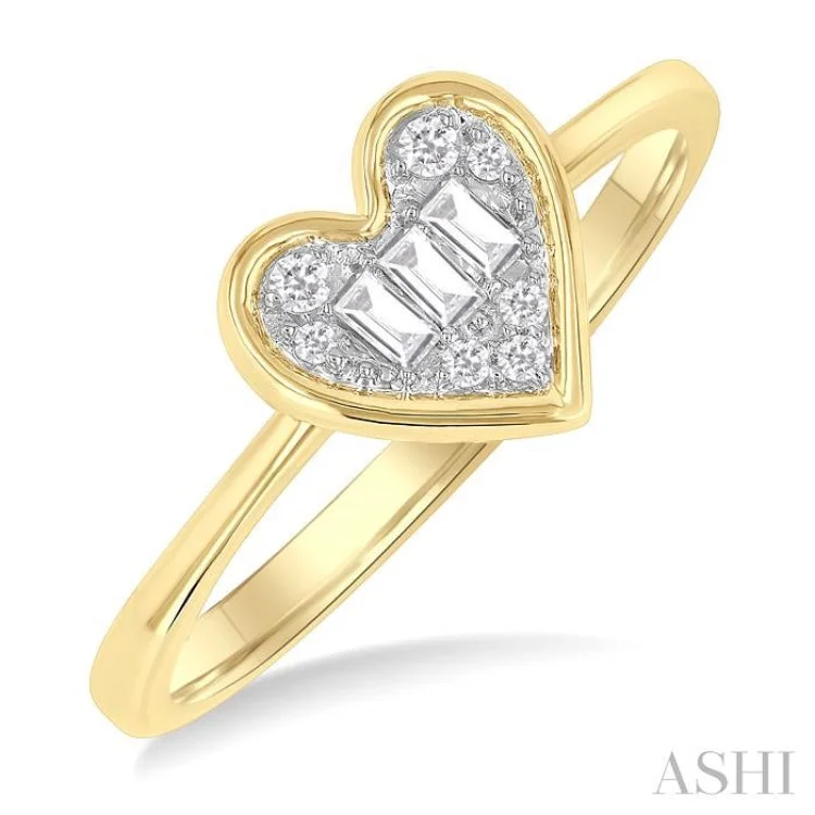 Adjustable engagement rings for women -1/6 ctw Petite Bezel Set Heart Shape Fusion Baguette and Round Cut Diamond Fashion Ring in 10K Yellow Gold