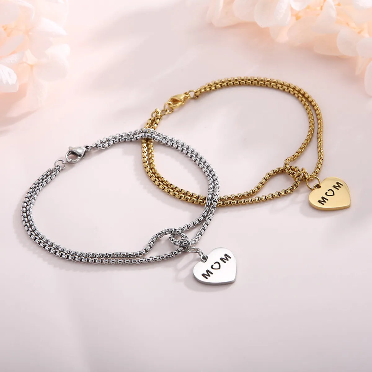 Sterling silver bangles for women -European And American Fashion Stainless Steel Double Pearl Chain Letter Mom Heart Bracelet