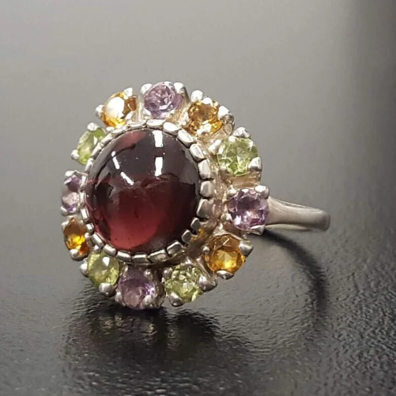 Classic engagement rings for women -Large Red Garnet Ring - Garnet Victorian Ring - Statement Flower Ring