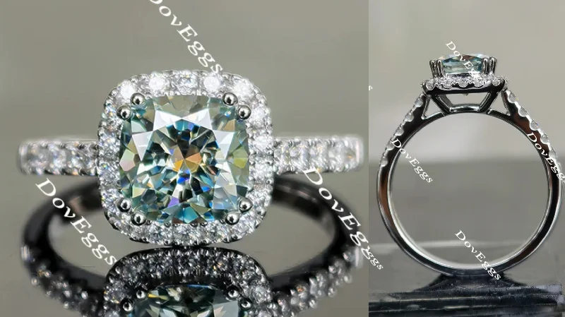 Unique halo engagement rings for women -Doveggs Peacock blue cathedral cushion halo moissanite engagement ring