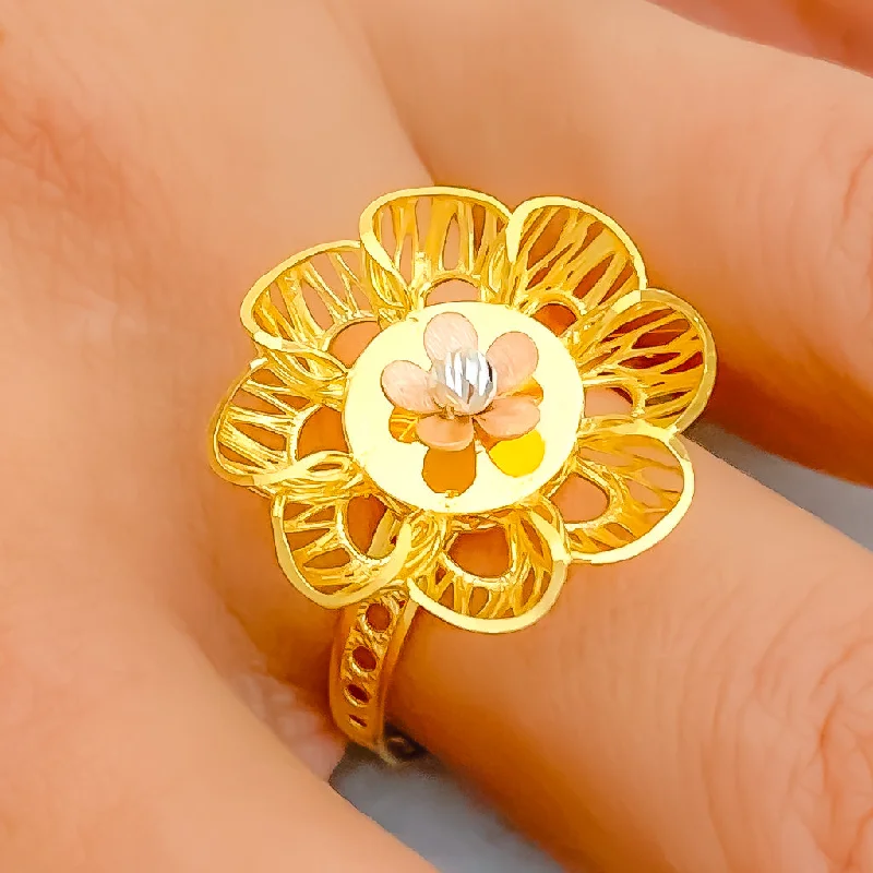 Wedding rings for women -Magnificent Mesh Flower 22K Gold Ring