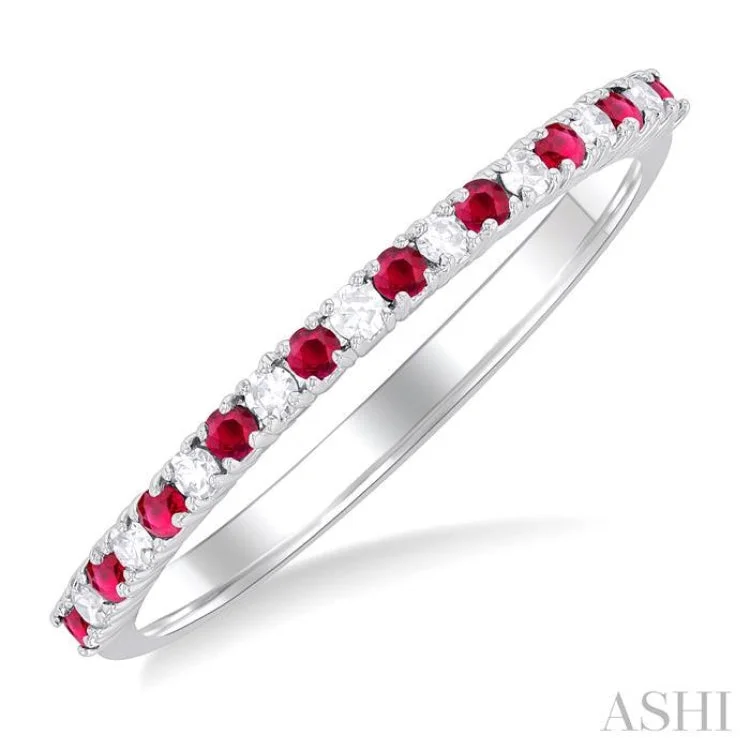 Luxury engagement rings for women -1.35 MM Round Shape Ruby and 1/10 ctw Petite Round Cut Diamond Precious Stack Band in 10K White Gold