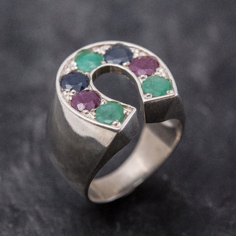 Custom-designed rings for women -Emerald Statement Ring - Horseshoe Silver Ring - Multistone Ring