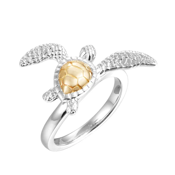 Promise rings with diamonds for women -Life@Sea Genuine Sterling Silver & 14k Yellow Gold Sea Turtle Ring