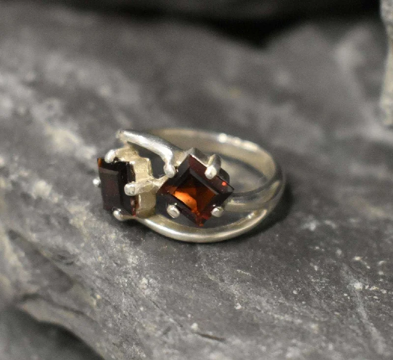 Unique promise rings for women -Square Garnet Ring - Twin Garnet Ring - Red Square Ring