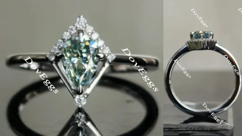 Diamond eternity engagement rings for women -Doveggs pear art deco Peacock blue moissanite engagement ring