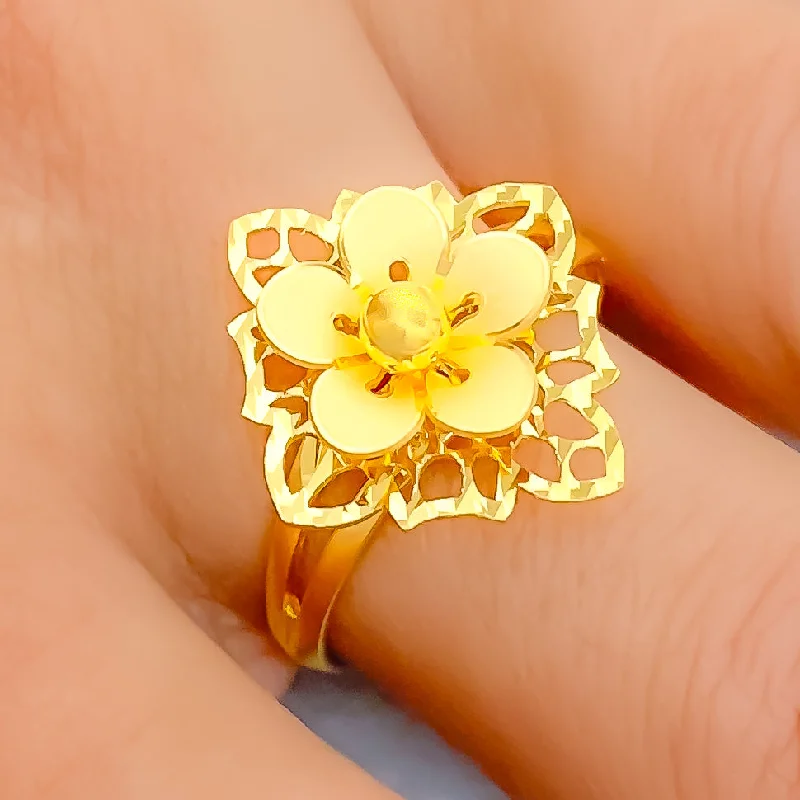 Chic rings for women -Decorative Netted Flower 22K Gold Ring