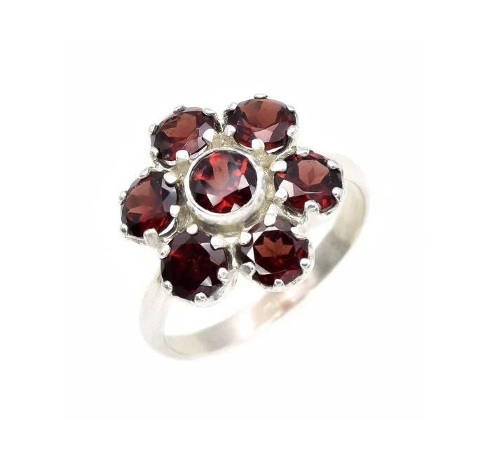 Silver rings for women -Garnet Flower Ring - Natural Garnet Ring - Large Vintage Ring