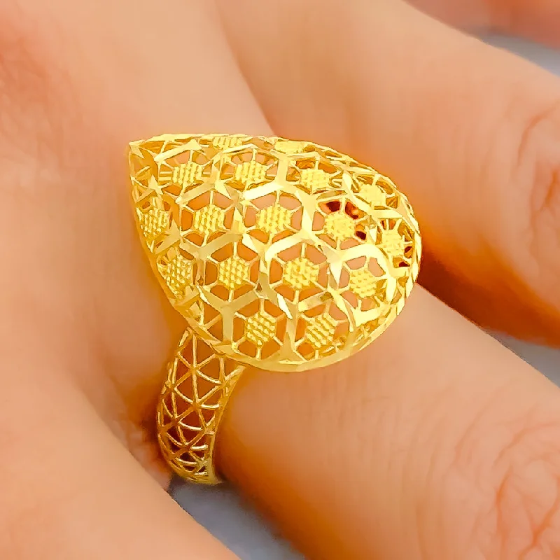 Sapphire rings for women -Checkered Pear Drop 22K Gold Ring