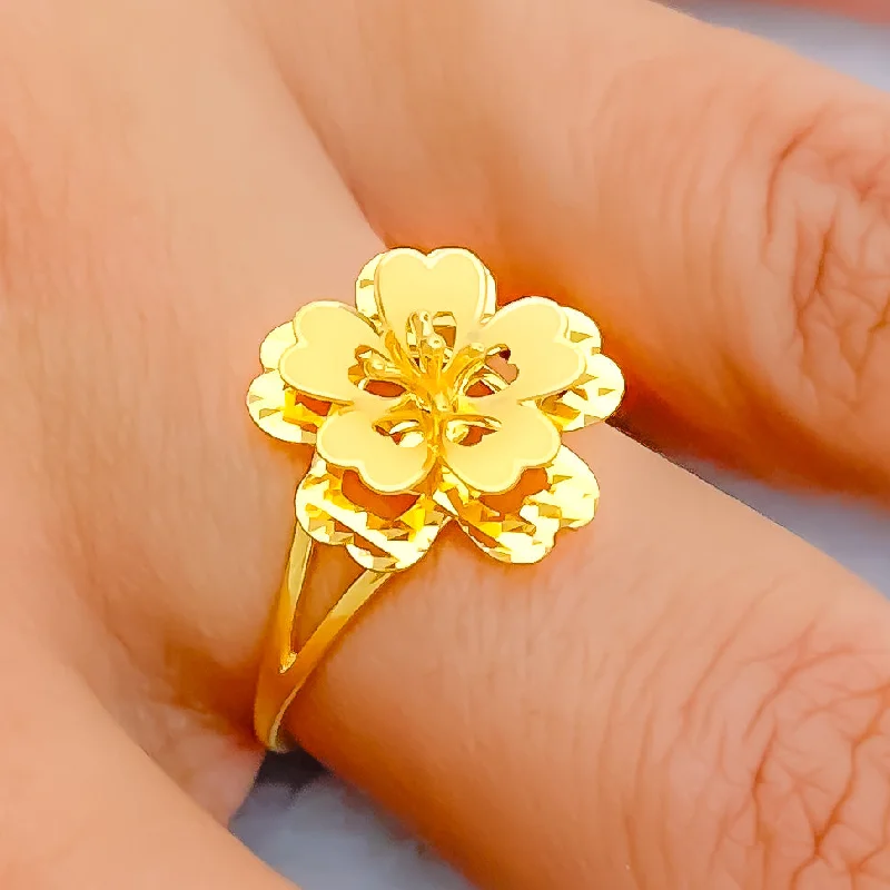 Elegant gold rings for women -Beautiful Hibiscus 22K Gold Flower Ring