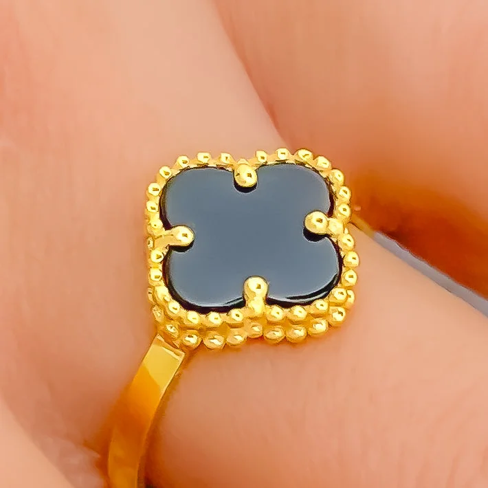 Sparkly diamond rings for women -Ornate Black Onyx 21K Gold Clover Ring