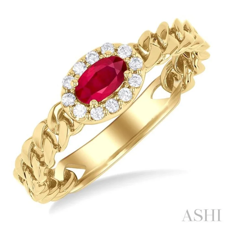 Designer engagement rings for women -5x3 MM Oval Cut Ruby and 1/10 ctw Curb & Cuban Link East-West Round Cut Diamond Halo Precious Ring in 10K Yellow Gold