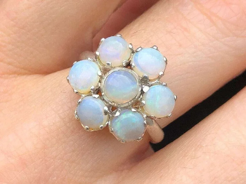 High-end designer rings for women -Flower Opal Ring - Natural Australian Opal, White Daisy Ring