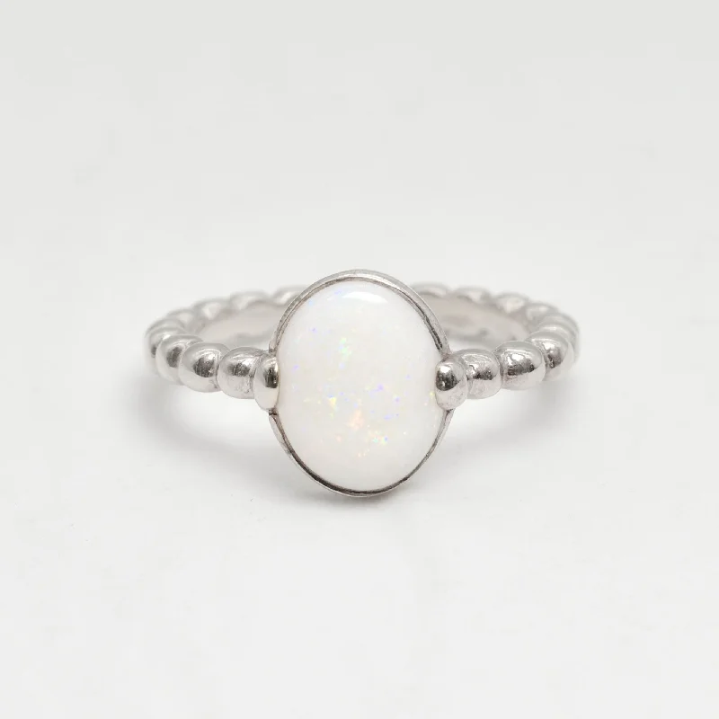 Luxury rings for women -Natural Opal Ring - White Vintage Ring - Silver Bubble Band