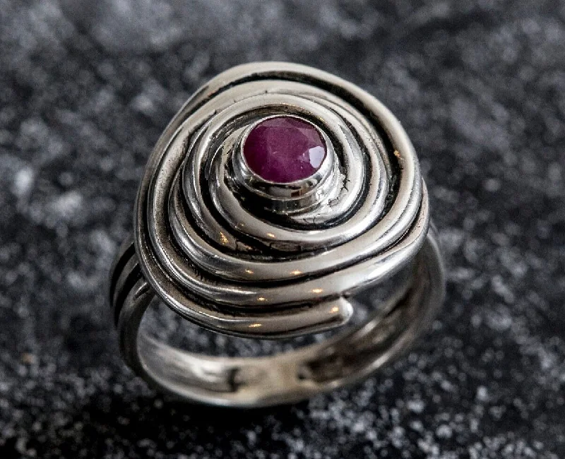 High-end designer rings for women -Ruby Spiral Ring - Swirl Silver Ring - Ruby Bezel Ring