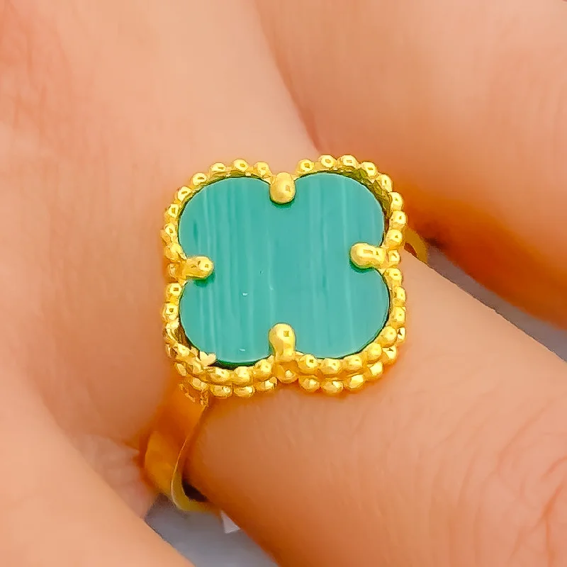 Unique promise rings for women -Ethereal Malachite 21K Gold Clover Ring