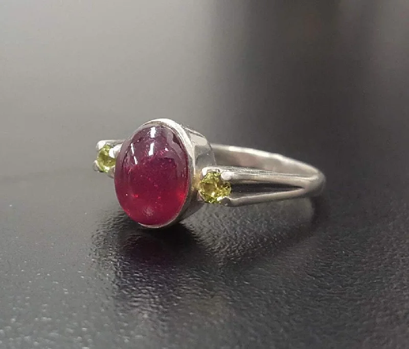 Men's and women's matching rings -Ruby Bezel Ring - Three Stone Ring - Red Oval Ring