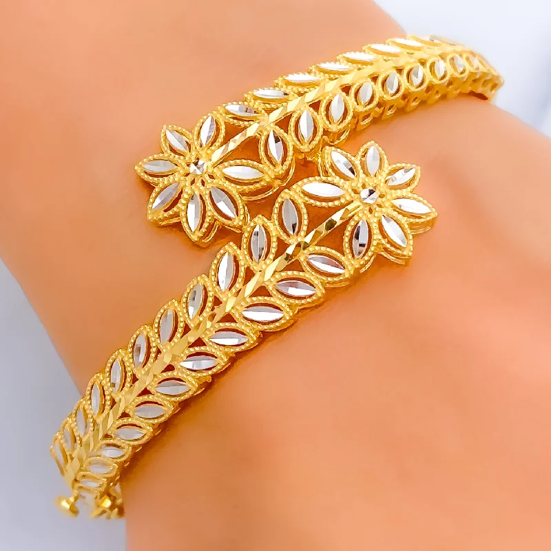 Adjustable tennis bracelets for women -Shimmering Overlapping Floral 22k Gold Bangle Bracelet