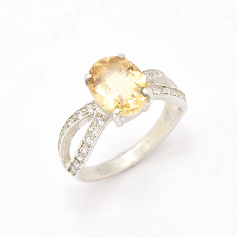 Sterling silver rings for women -Citrine Solitaire Ring - Split Pave Band - Silver Citrine Ring