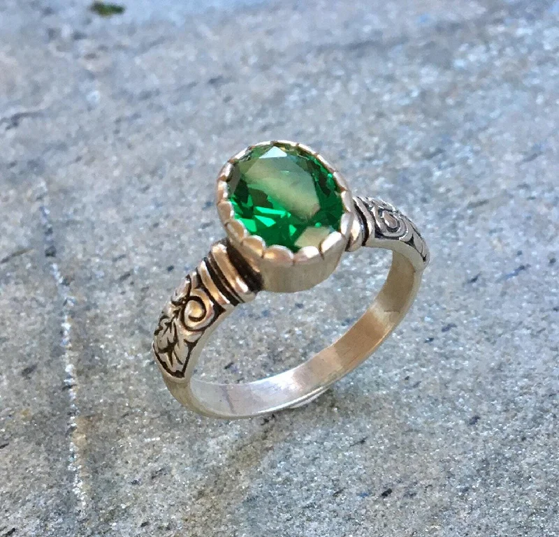 Hand-made gold rings for women -Tribal Emerald Ring - Green Solitaire Ring, Green Vintage Ring