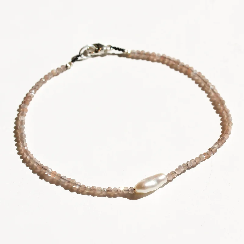 Classic tennis bracelets for women -Chocolate Moonstone + Keshi Pearls Bracelet No.14