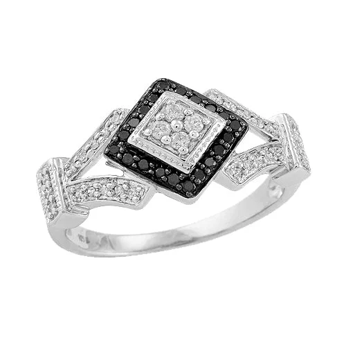 Diamond rings for women -Sterling Silver 0.25CTW BLACK & WHITE DIA FANCY RING