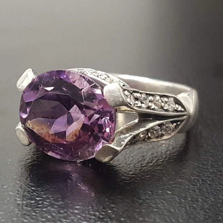 Handcrafted rings for women -Amethyst Statement Ring - Purple Gem Ring - Edwardian Silver Ring