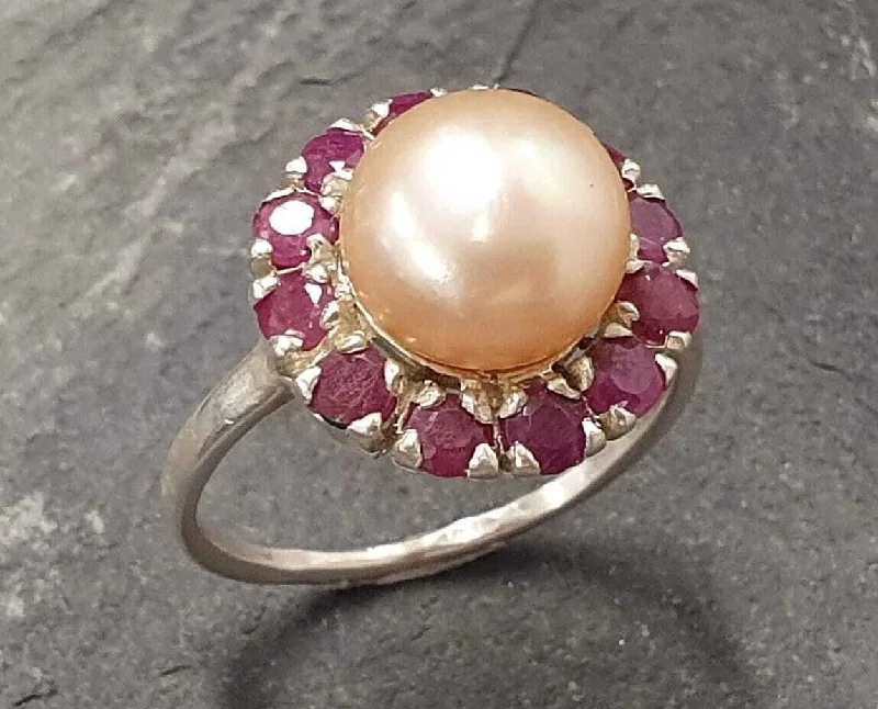 Wedding rings for women with sapphires -Flower Pearl Ring - Genuine Beige Pearl - Victorian Pearl Ring